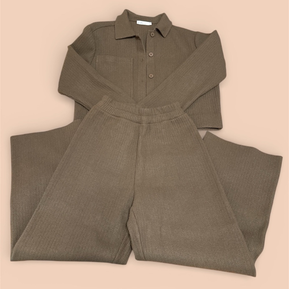 OAK + FORT Taupe Wide Leg Knit Pants & Jumpsuit Set